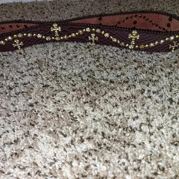 Brown Genuine leather rhinestone, studded and crosses Rodeo bling belt. SIZE M - Picture 5 of 13